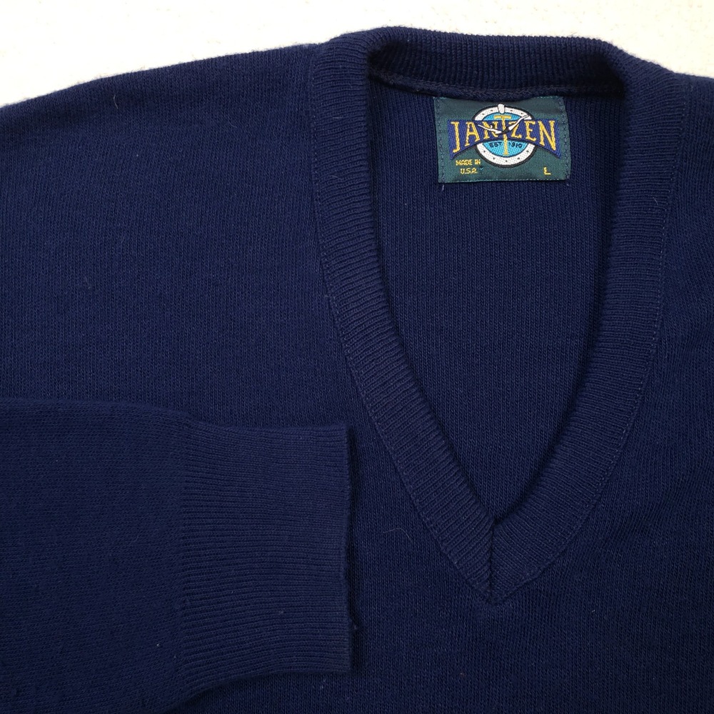 Vintage Jantzen‎ V-Neck Sweater Mens Large Navy Blue Solid Knit Made in USA Wool